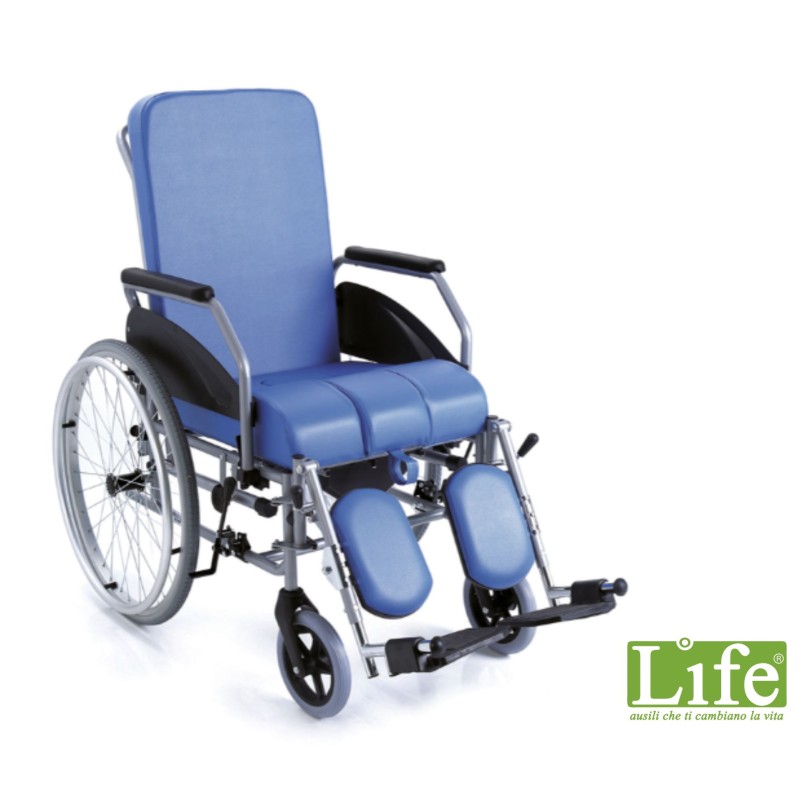 Carrozzina per disabili imbottita con schienale reclinabile e autospinta posteriore Comoda LIFE 340